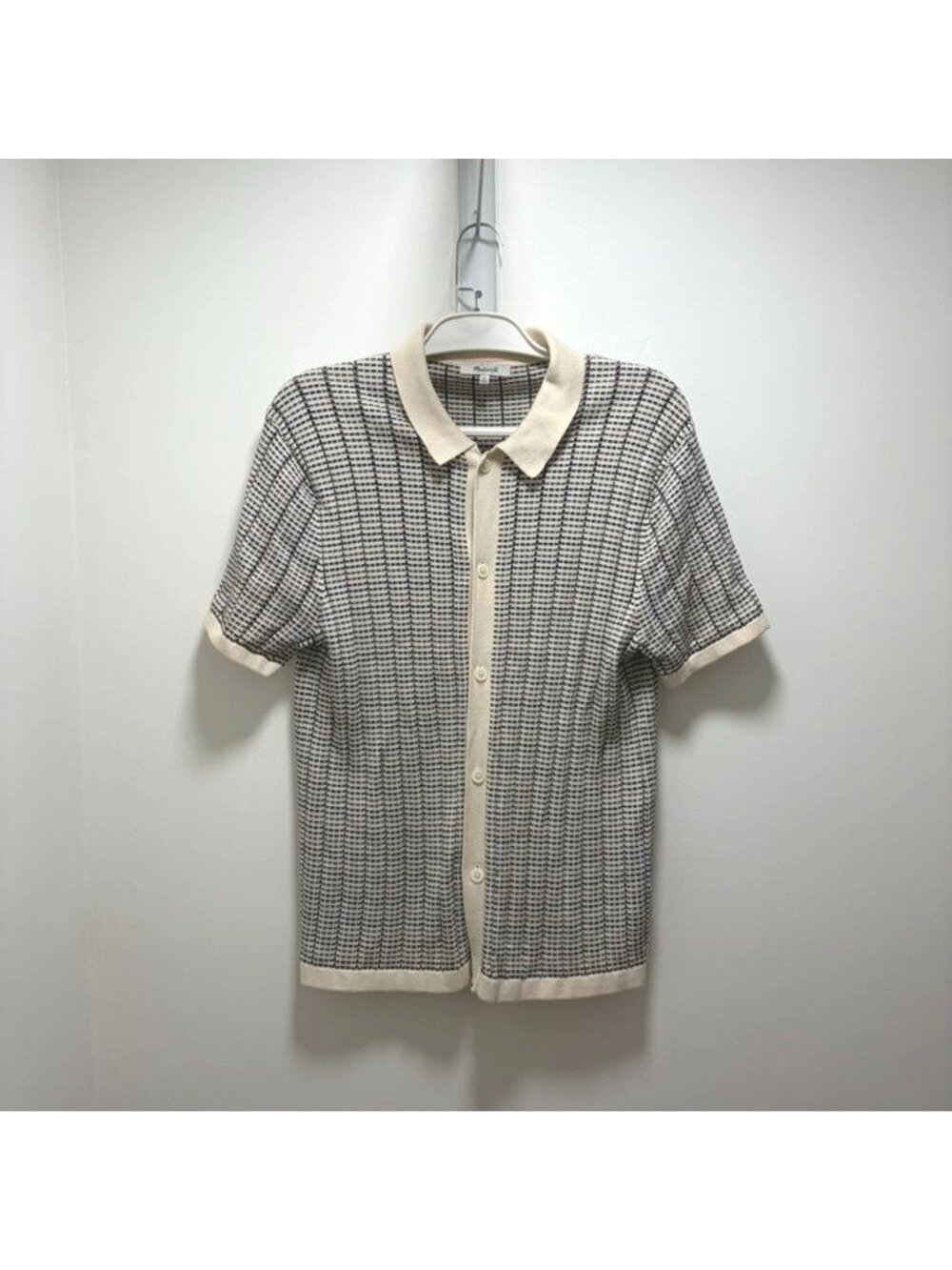 Madewell Men’s Button-Up Short-Sleeve Sweater Polo – Cream/Black Checkered – XS